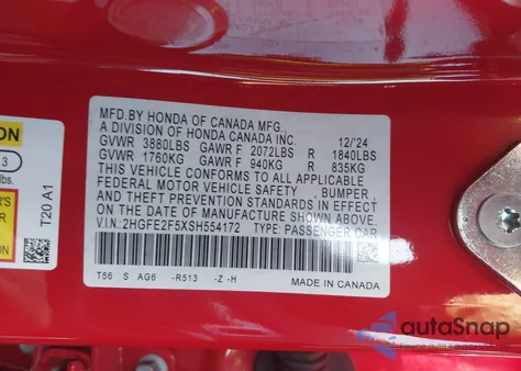 2025 Honda Civic Sport из США, поврежденный, VIN 2HGFE2F5XSH554172